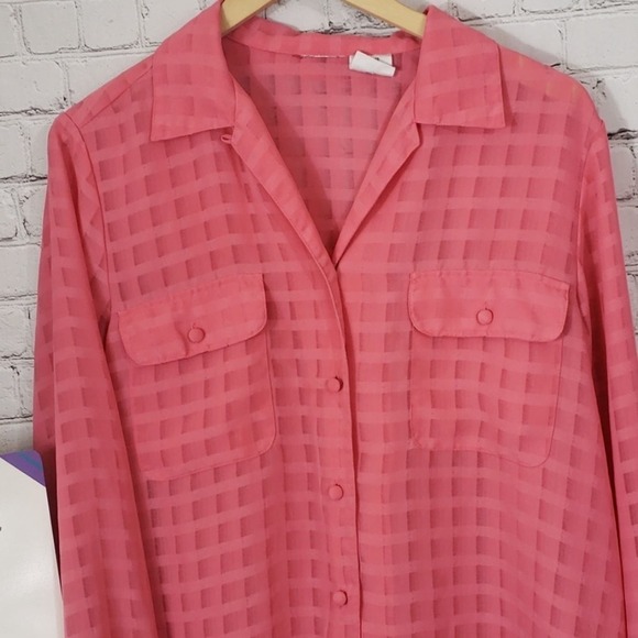 Liz Baker Pink sheer striped plaid printed button up - Picture 3 of 9